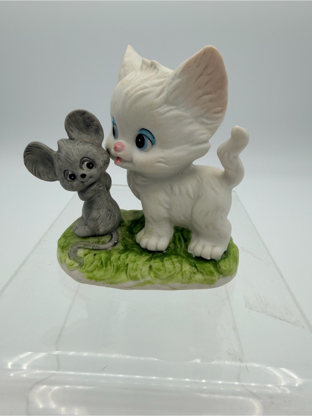 Vintage Lefton, white kitten, licking grey mouse figurine retired